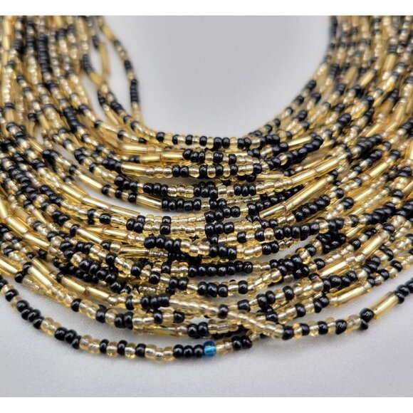 Multi-Strand Bib Necklace Glass Beads Gold Black Single Blue Bead - Picture 3 of 8